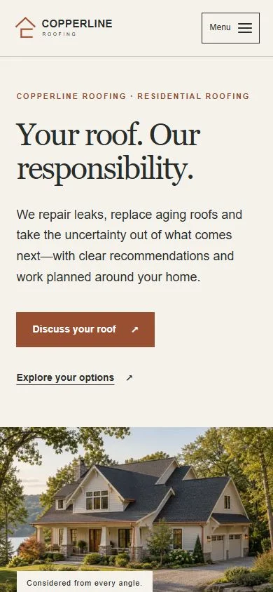 Copperline Roofing concept homepage on a phone